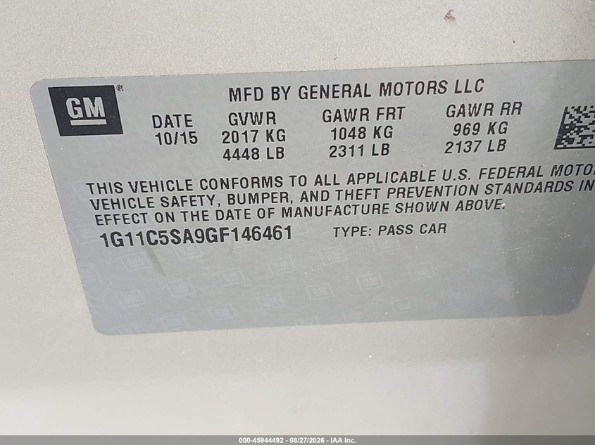 CHEVROLET MALIBU LIMITED 2016 VIN 1G11C5SA9GF146461
