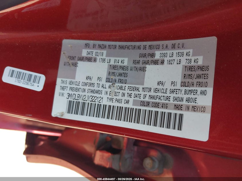TOYOTA YARIS IA 2018 VIN 3MYDLBYV2JY322121