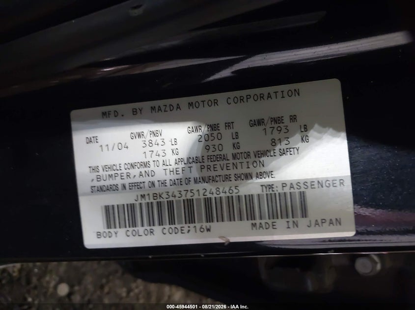 2005 MAZDA 3 HATCHBACK 2.3L I-4 DOHC, VVT, 160HP