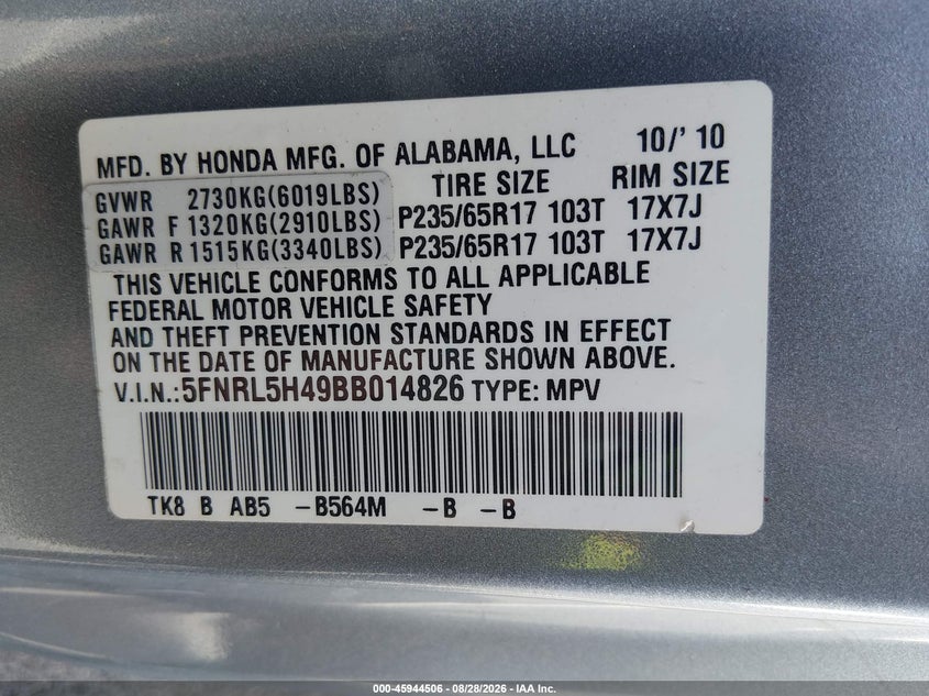2011 HONDA ODYSSEY VAN 3.5L V-6 VVT, REGULAR , 248HP