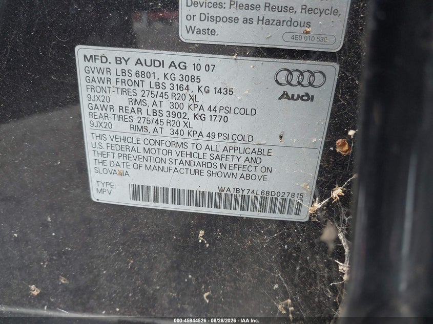 AUDI Q7 2008 VIN WA1BY74L68D027815