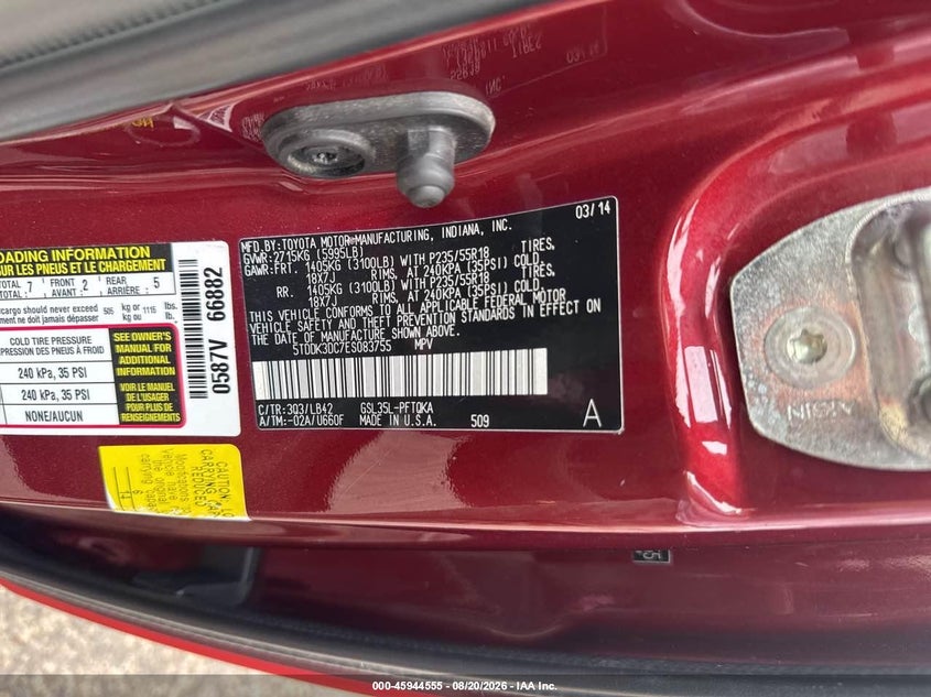 TOYOTA SIENNA 2014 VIN 5TDDK3DC7ES083755