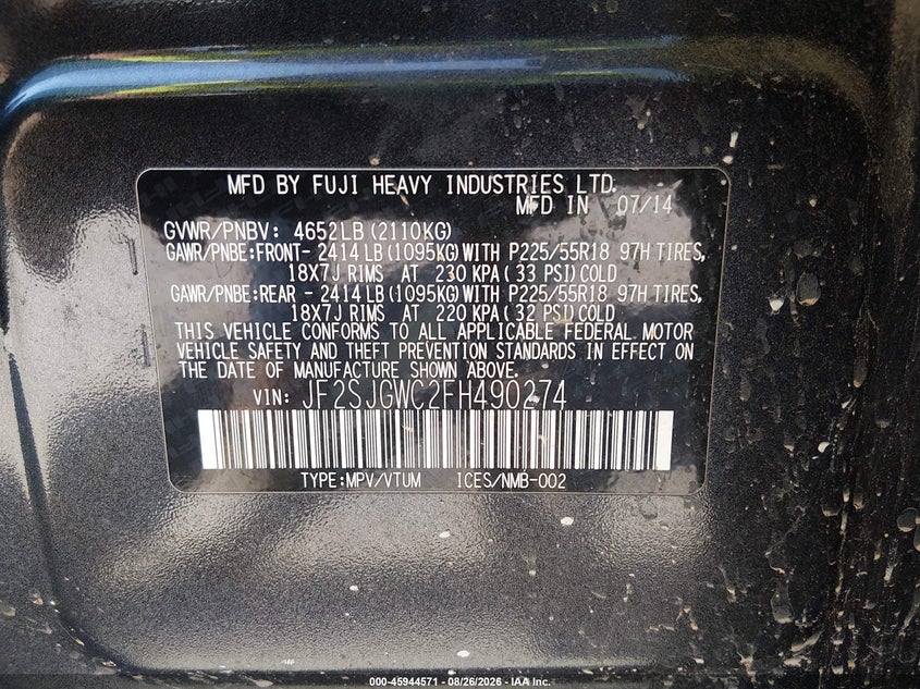 2015 SUBARU FORESTER SPORT UTILITY VEHICLE 2.0L H-4 DI, DOHC, VVT, TURBO, 250HP