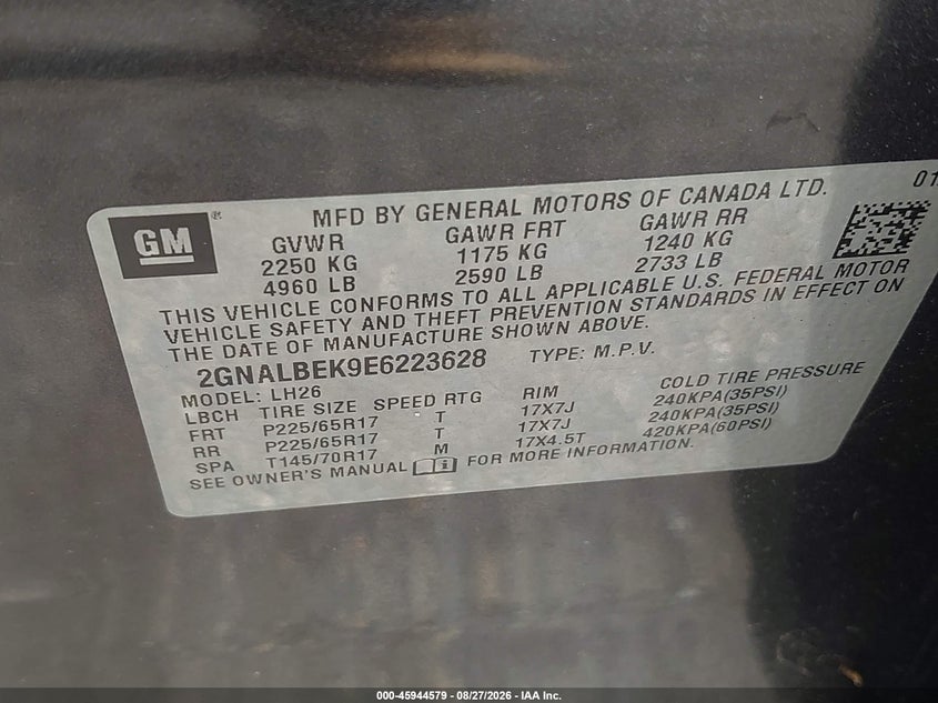 CHEVROLET EQUINOX 2014 VIN 2GNALBEK9E6223628
