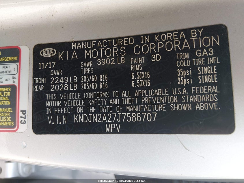 KIA SOUL 2018 VIN KNDJN2A27J7586707