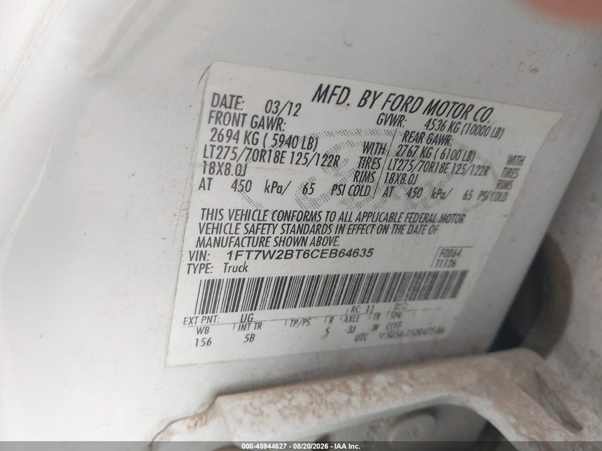 FORD F-250 2012 VIN 1FT7W2BT6CEB64635