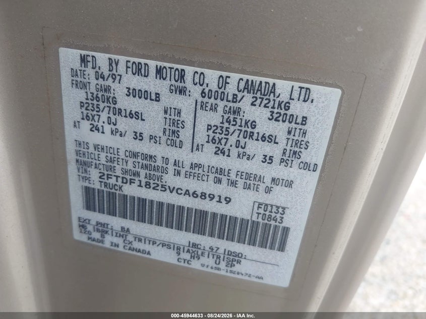 FORD F-150 STANDARD 1997 VIN 2FTDF1825VCA68919