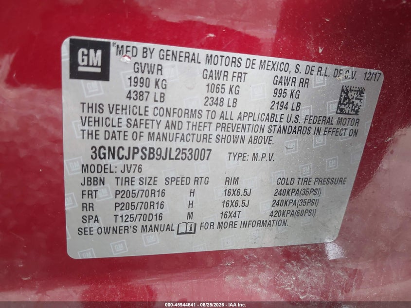 CHEVROLET TRAX 2018 VIN 3GNCJPSB9JL253007