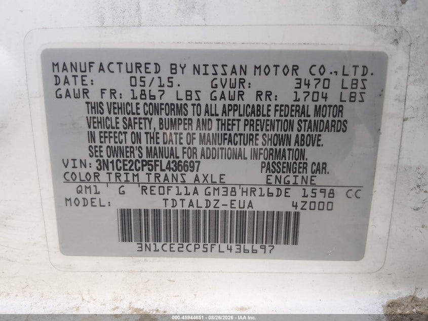 2015 NISSAN NOTE HATCHBACK 1.6L I-4 DOHC, VVT, 109HP