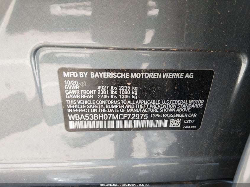 BMW 530I 2021 VIN WBA53BH07MCF72975