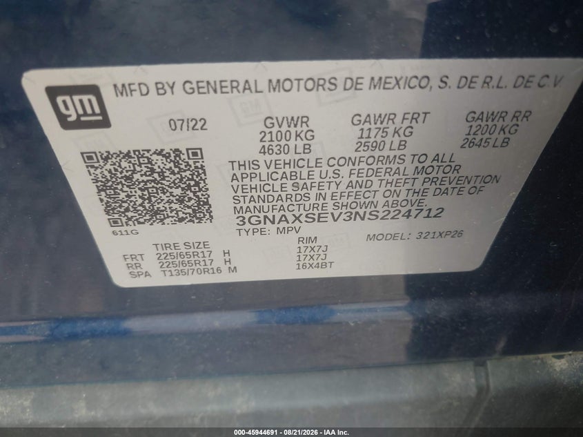 CHEVROLET EQUINOX 2022 VIN 3GNAXSEV3NS224712