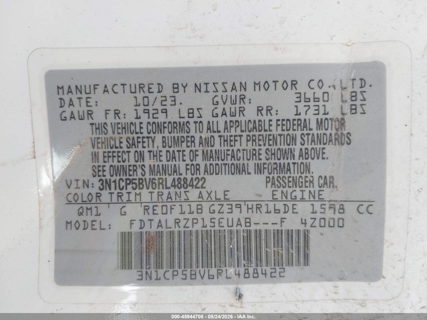 NISSAN KICKS 2024 VIN 3N1CP5BV6RL488422