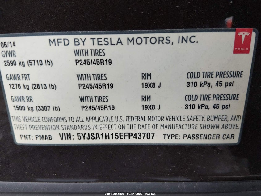 TESLA MODEL S 2014 VIN 5YJSA1H15EFP43707