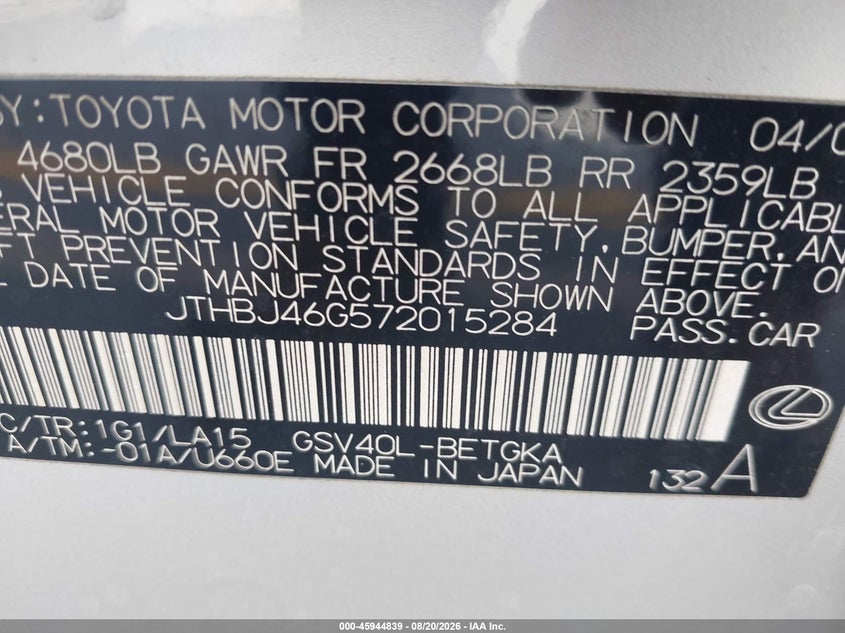 LEXUS ES 350 2007 VIN JTHBJ46G572015284