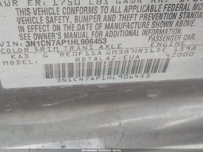 2017 NISSAN VERSA SEDAN 1.6L I-4 DOHC, VVT, 109HP