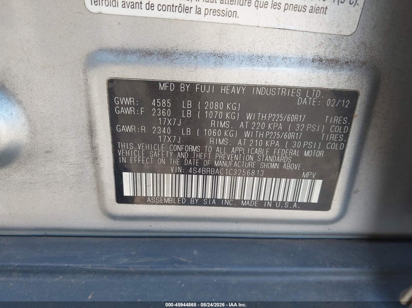SUBARU OUTBACK 2012 VIN 4S4BRBAC1C3256813