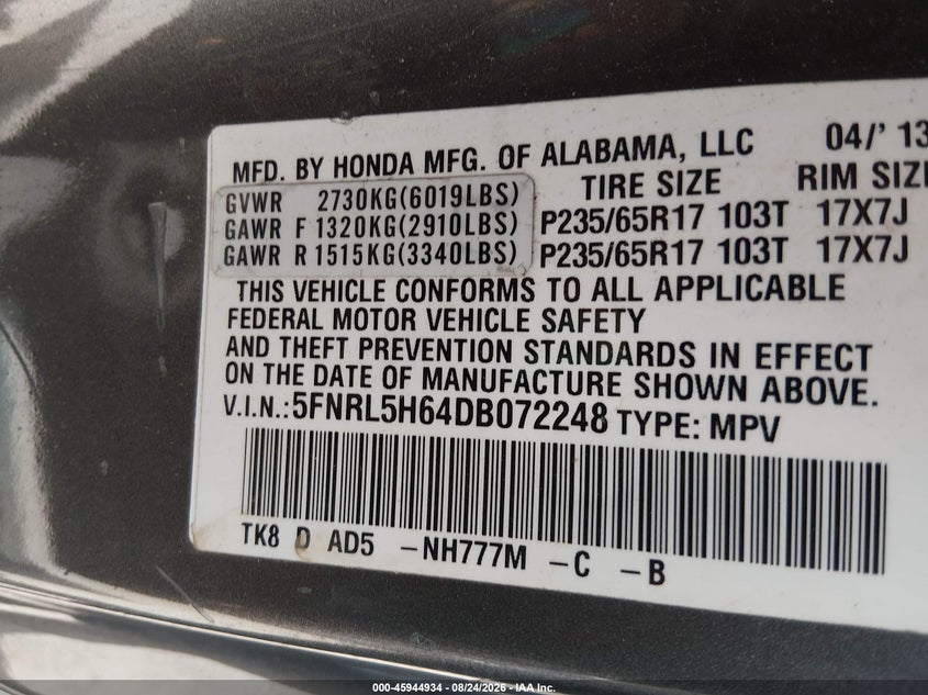 HONDA ODYSSEY 2013 VIN 5FNRL5H64DB072248