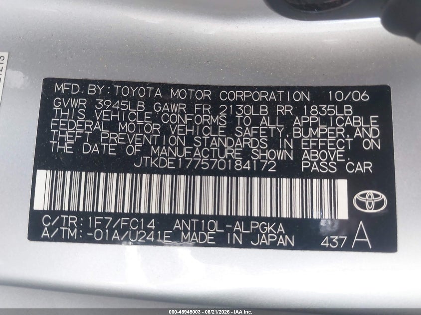 SCION TC 2007 VIN JTKDE177570184172