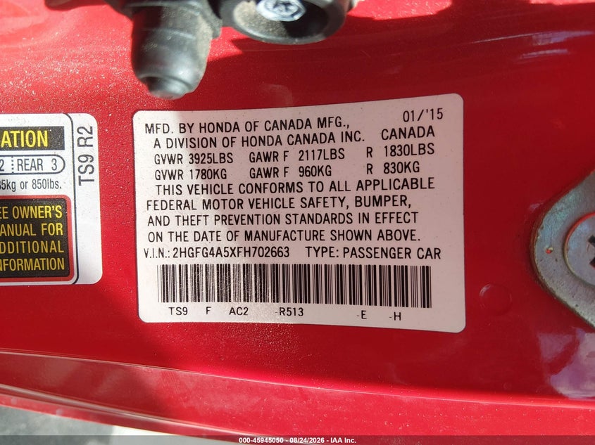 HONDA CIVIC 2015 VIN 2HGFG4A5XFH702663