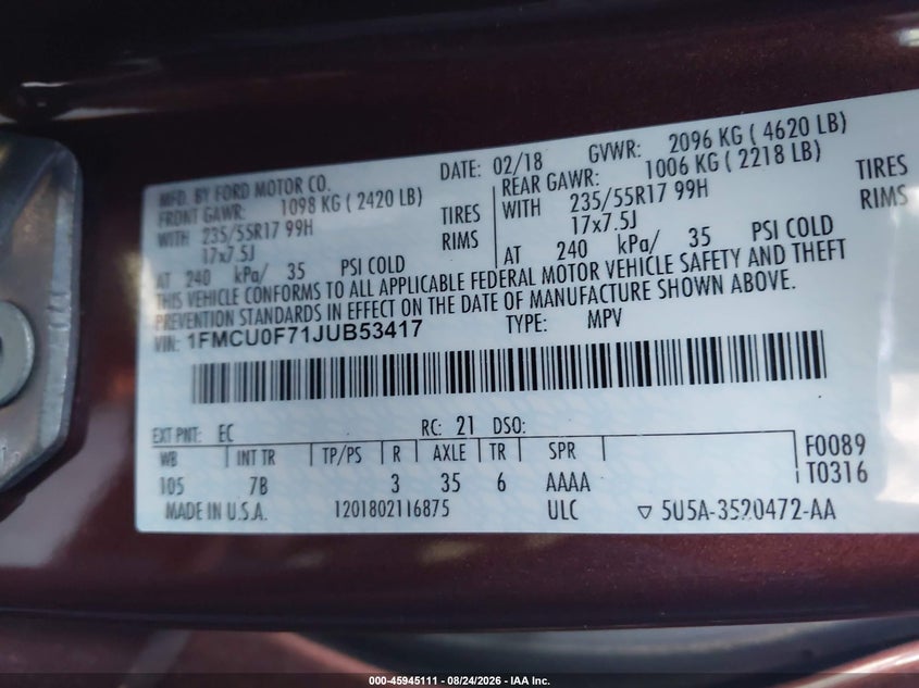 FORD ESCAPE 2018 VIN 1FMCU0F71JUB53417