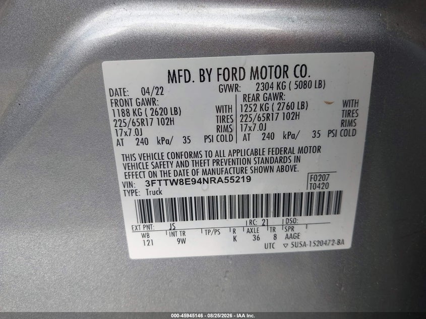 FORD MAVERICK 2022 VIN 3FTTW8E94NRA55219