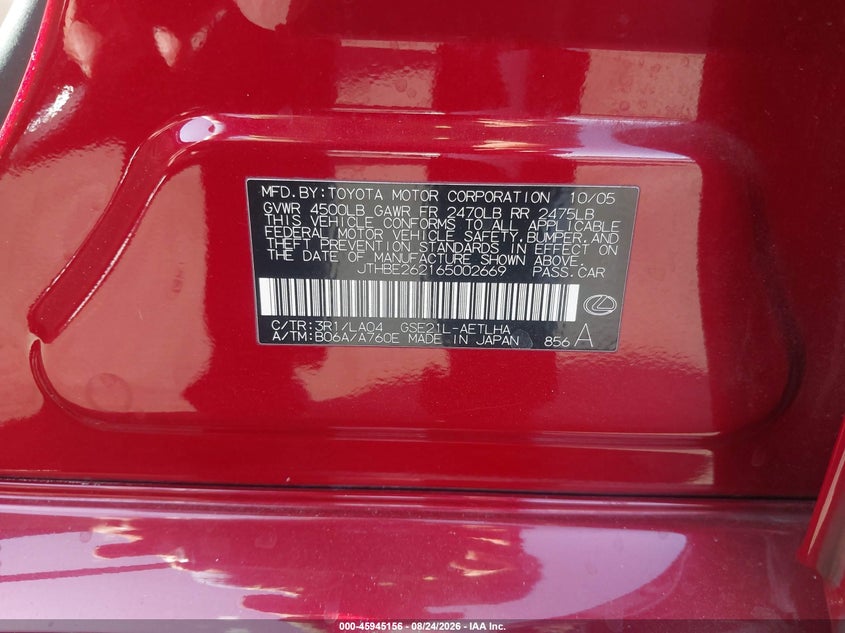 LEXUS IS 350 2006 VIN JTHBE262165002669