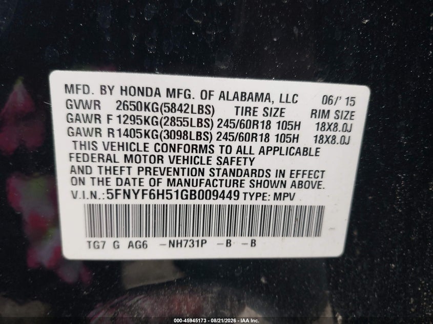 HONDA PILOT 2016 VIN 5FNYF6H51GB009449