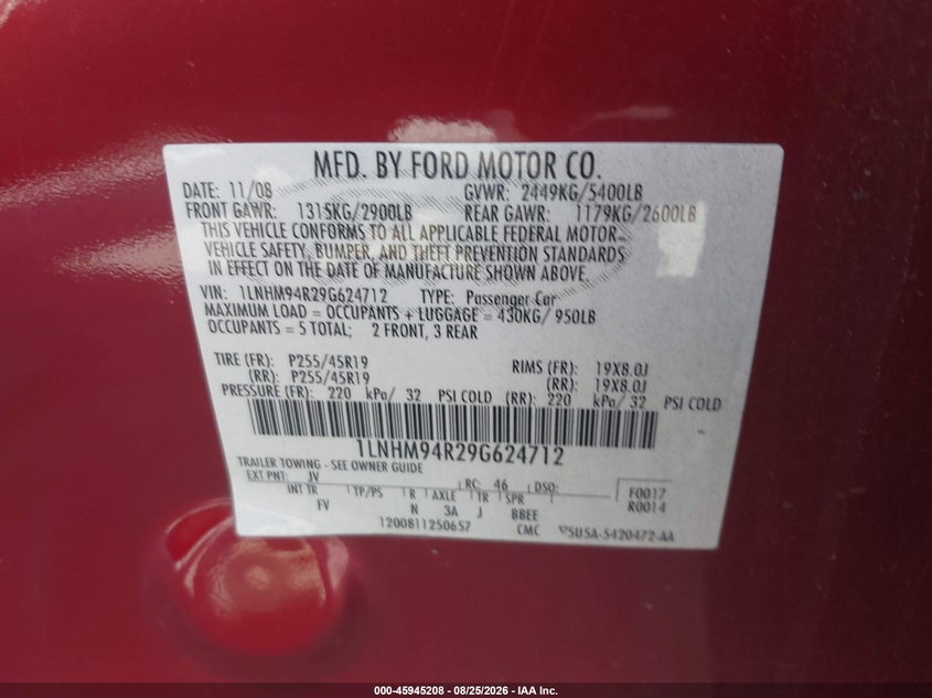 LINCOLN MKS 2009 VIN 1LNHM94R29G624712