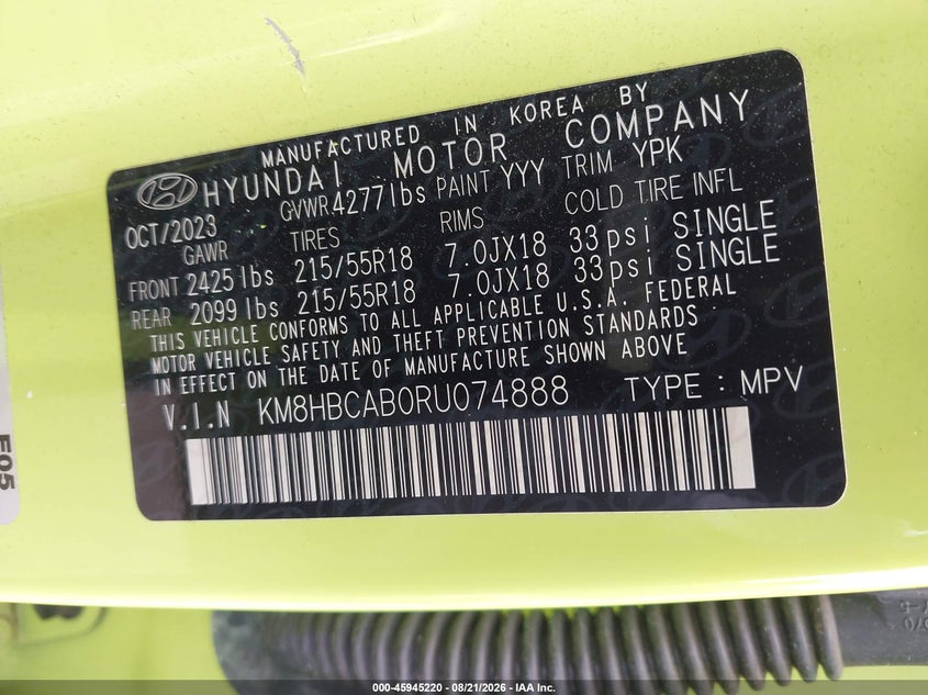 HYUNDAI KONA 2024 VIN KM8HBCAB0RU074888