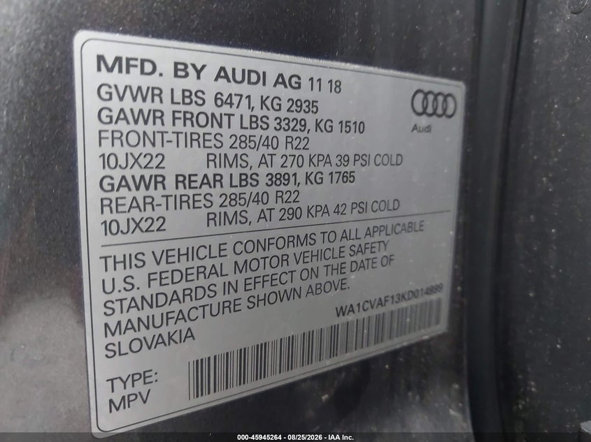 AUDI Q8 2019 VIN WA1CVAF13KD014999