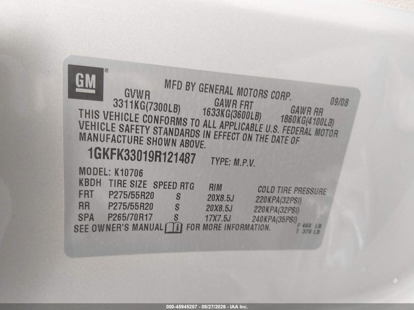 GMC YUKON 2009 VIN 1GKFK33019R121487