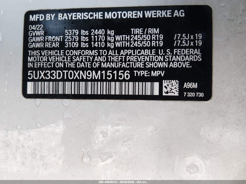 BMW X4 2022 VIN 5UX33DT0XN9M15156