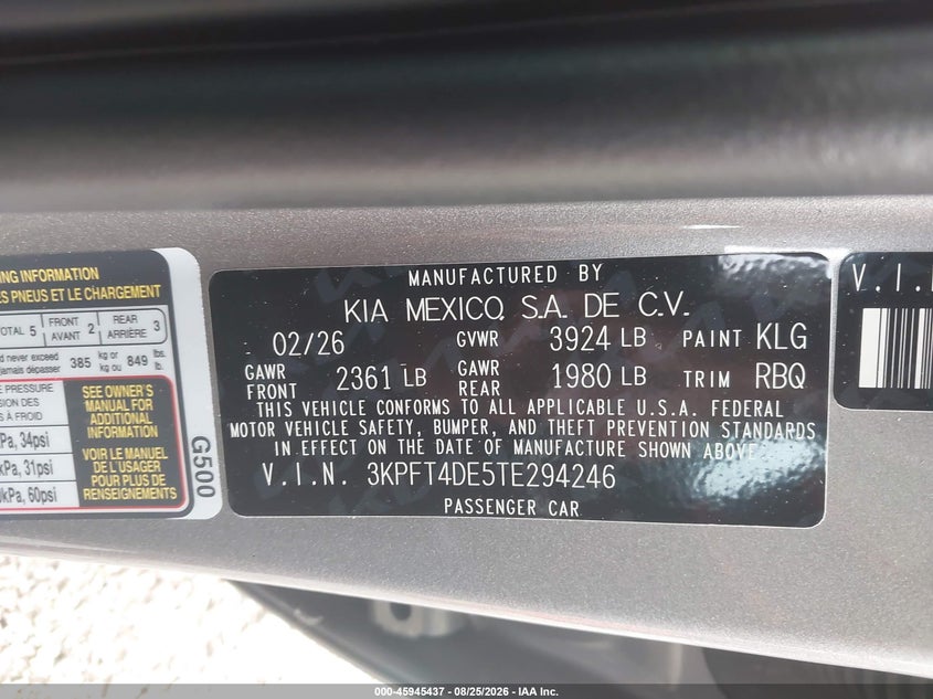 KIA K4 2026 VIN 3KPFT4DE5TE294246