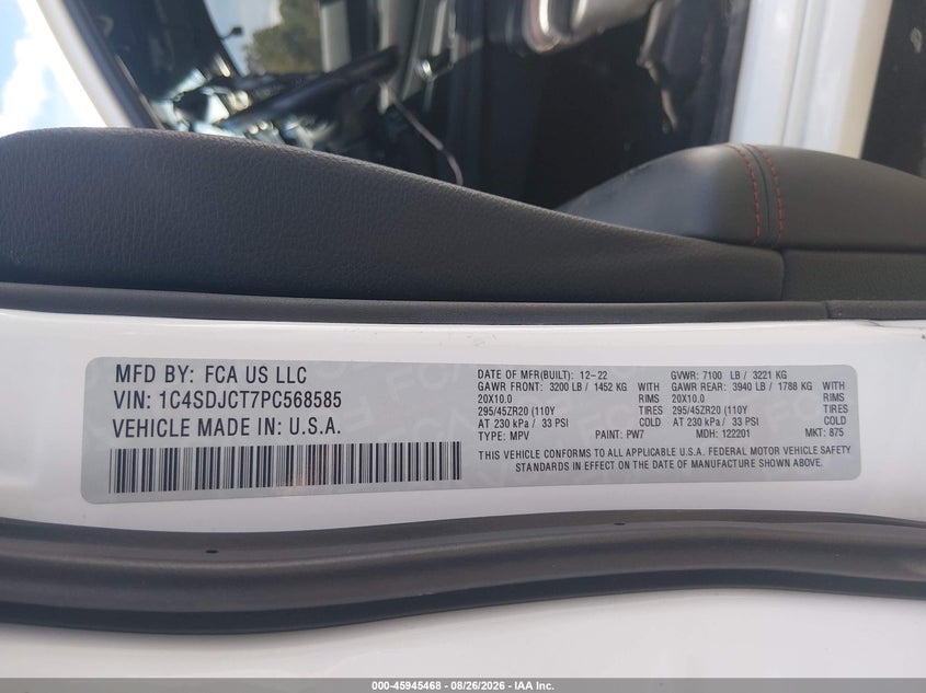 DODGE DURANGO 2023 VIN 1C4SDJCT7PC568585