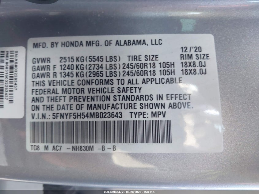 HONDA PILOT 2021 VIN 5FNYF5H54MB023643