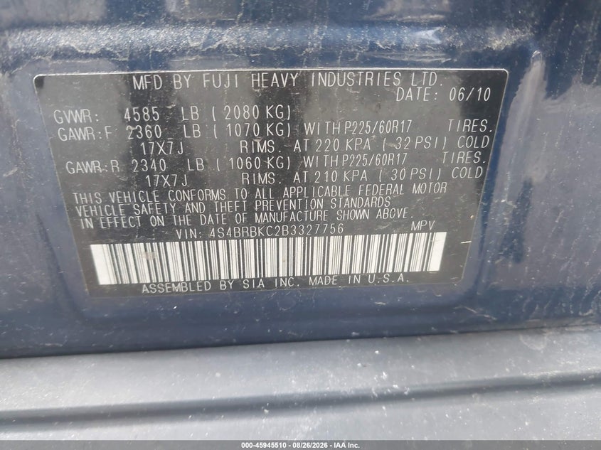SUBARU OUTBACK 2011 VIN 4S4BRBKC2B3327756