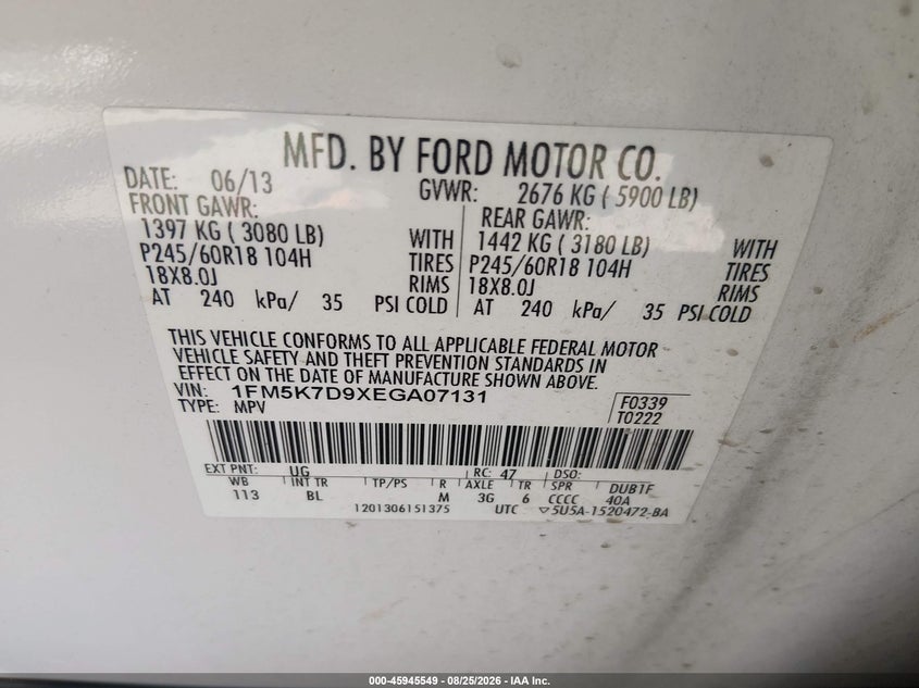 FORD EXPLORER 2014 VIN 1FM5K7D9XEGA07131