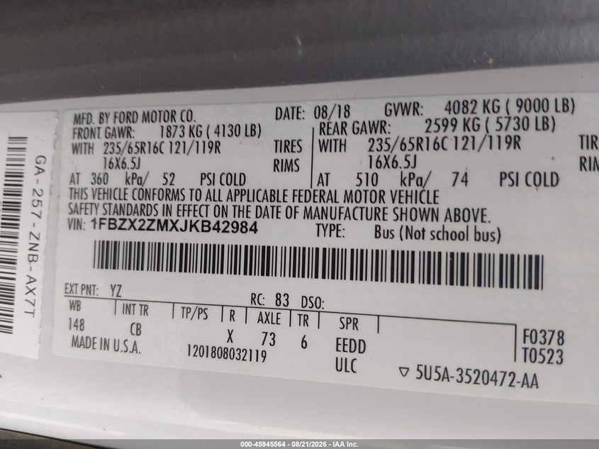 2018 FORD TRANSIT WAGON 3.7L V-6 DOHC, VVT, 275HP