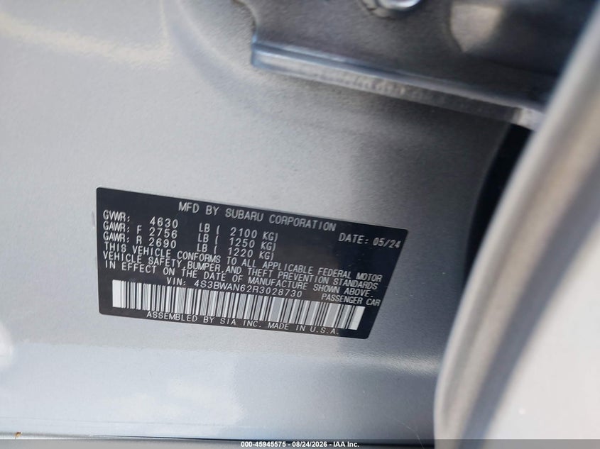 SUBARU LEGACY 2024 VIN 4S3BWAN62R3028730