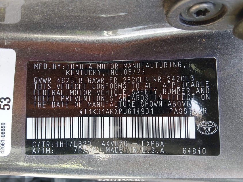 TOYOTA CAMRY 2023 VIN 4T1K31AKXPU614901
