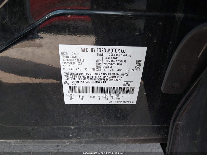 FORD EDGE 2018 VIN 2FMPK4K90JBB57213