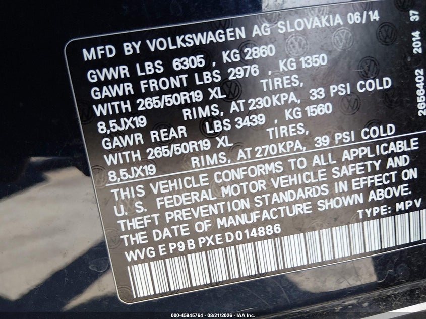 VOLKSWAGEN TOUAREG 2014 VIN WVGEP9BPXED014886