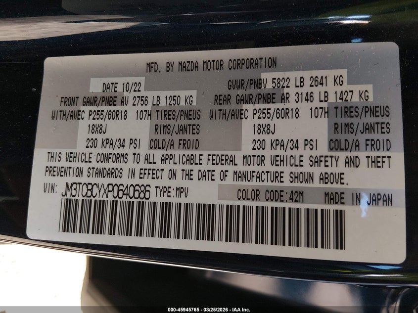 MAZDA CX-9 2023 VIN JM3TCBCYXP0640686
