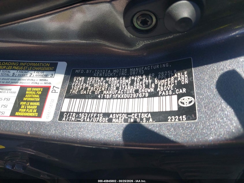 TOYOTA CAMRY 2013 VIN 4T1BF1FKXDU297679