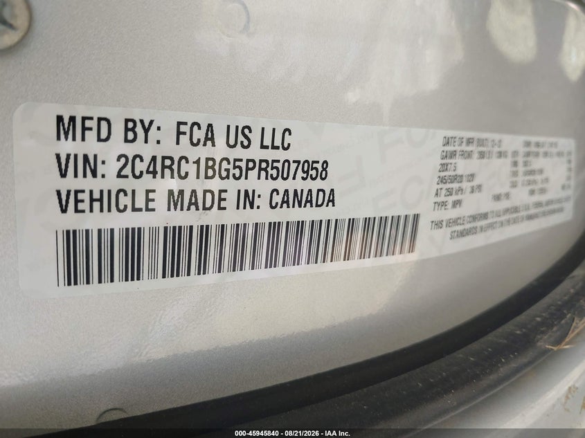 CHRYSLER PACIFICA 2023 VIN 2C4RC1BG5PR507958