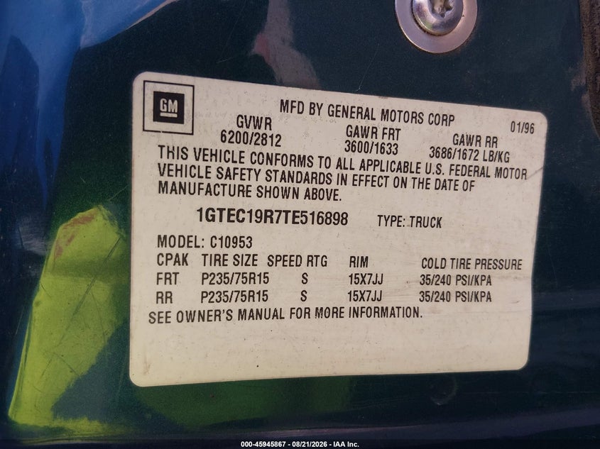 GMC SIERRA 1996 VIN 1GTEC19R7TE516898