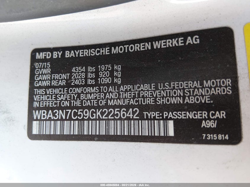 BMW 428I 2016 VIN WBA3N7C59GK225642