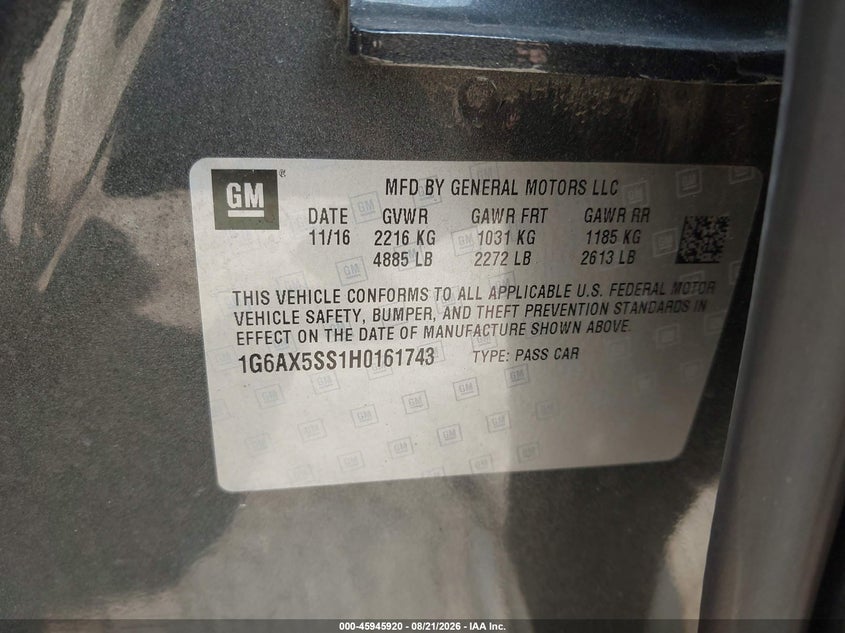 CADILLAC CTS 2017 VIN 1G6AX5SS1H0161743
