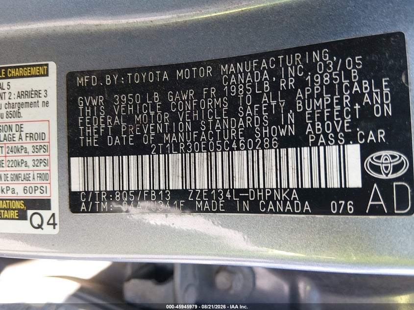 TOYOTA MATRIX 2005 VIN 2T1LR30E05C460286