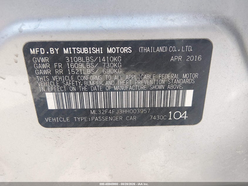 2017 MITSUBISHI MIRAGE SEDAN 1.2L I-3 DOHC, VVT, 78HP